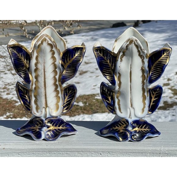 PAIR of Antique Victorian Blue Gilt Porcelain Leaves Vase Art Nouveau Mantel - Picture 5 of 16